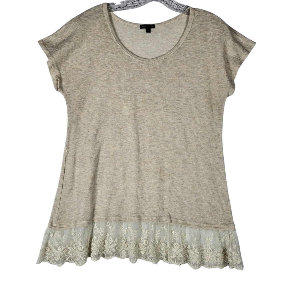 Women's Coastal Lace Trim Top XL Cream Short Sleeve Cottagecore Boho